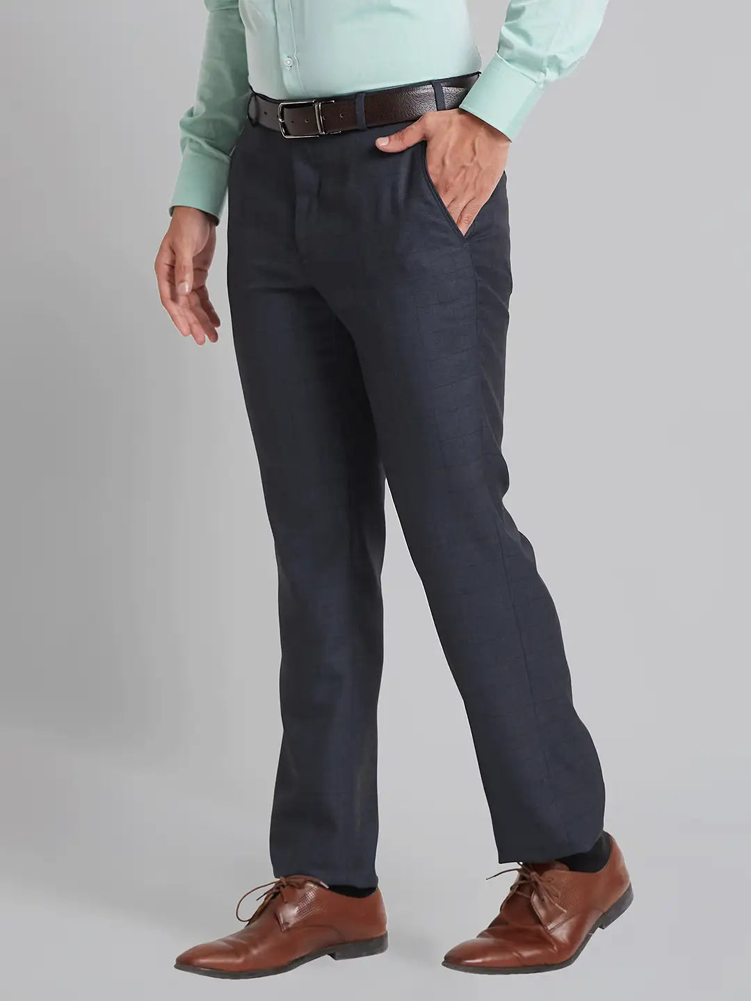 Men Blue Smart Fit Structure Polyester Blend   Trouser