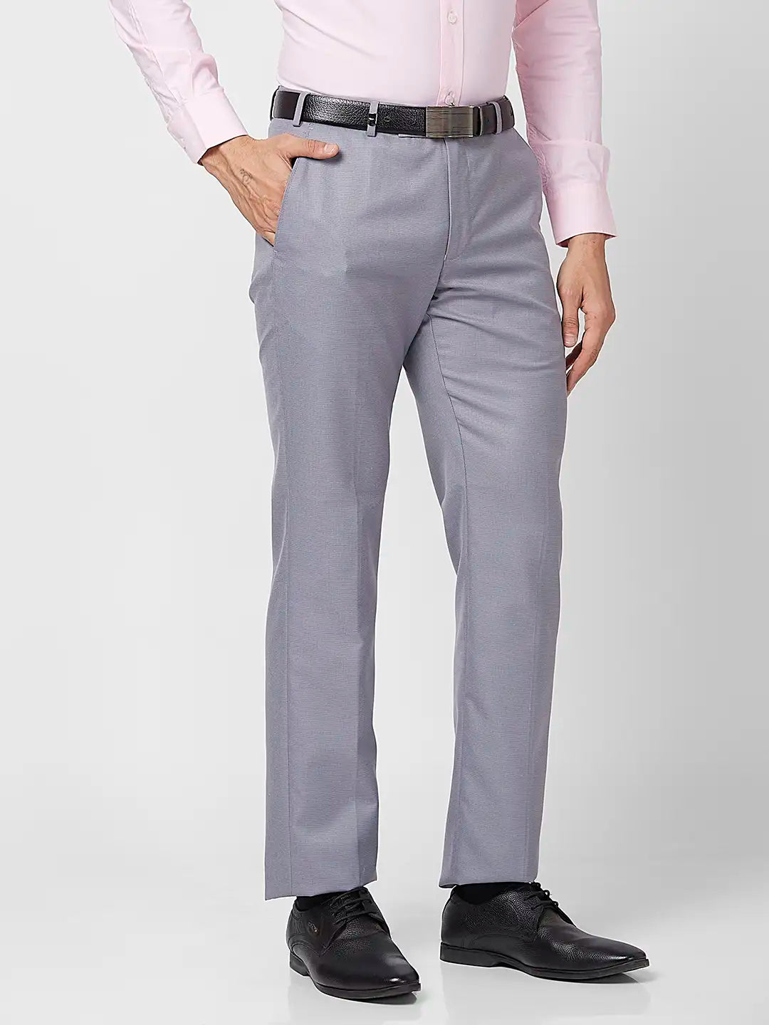 Park Avenue Men Grey Structure Smart Fit Polyester Blend Trouser