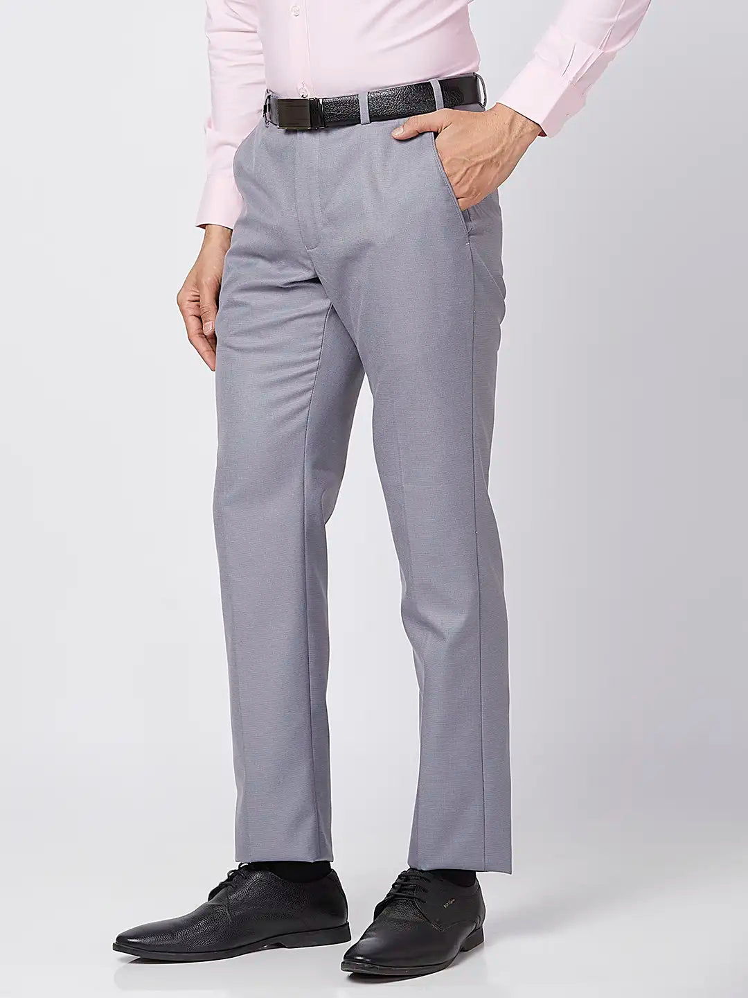 Park Avenue Men Grey Structure Smart Fit Polyester Blend Trouser