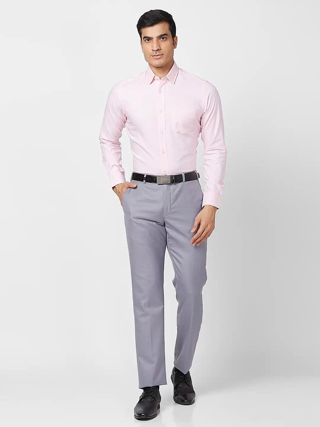 Park Avenue Men Grey Structure Smart Fit Polyester Blend Trouser