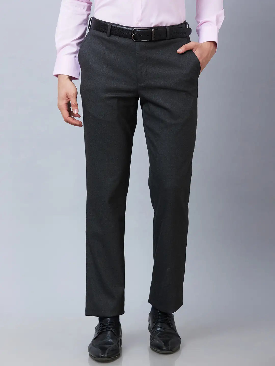Park Avenue Men Grey Structure Smart Fit Polyester Blend Trouser