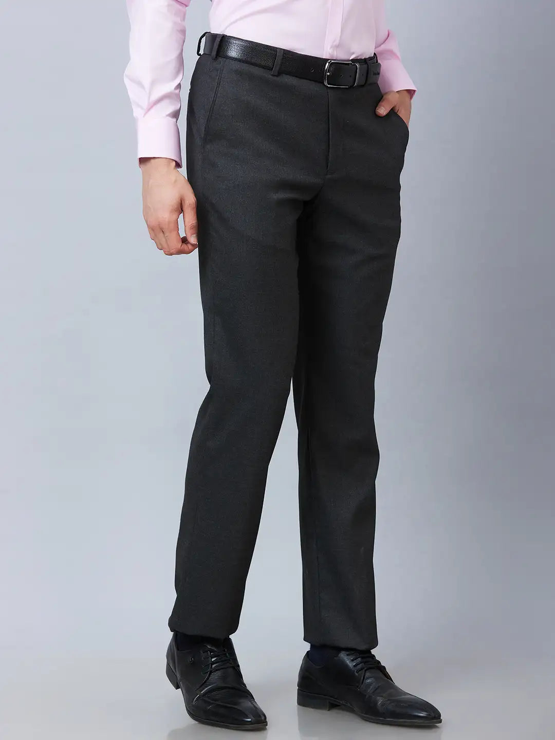 Park Avenue Men Grey Structure Smart Fit Polyester Blend Trouser