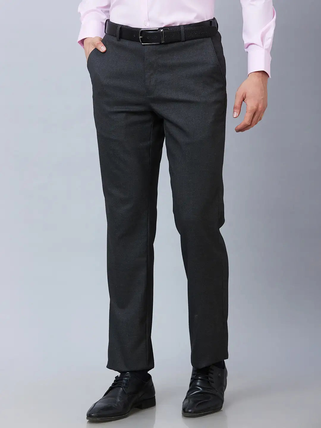 Park Avenue Men Grey Structure Smart Fit Polyester Blend Trouser