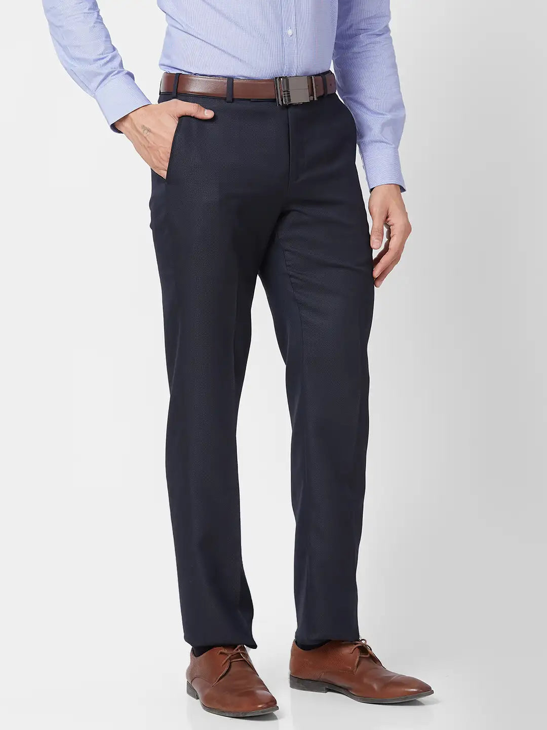 Park Avenue Men Grey Structure Smart Fit Polyester Blend Trouser
