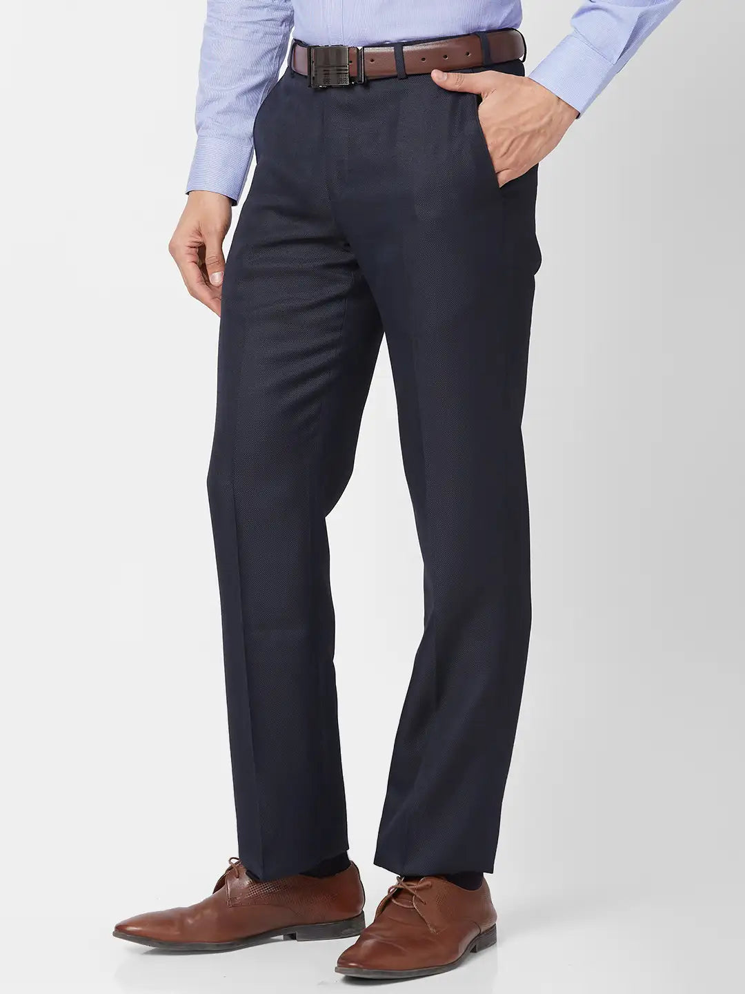 Park Avenue Men Grey Structure Smart Fit Polyester Blend Trouser
