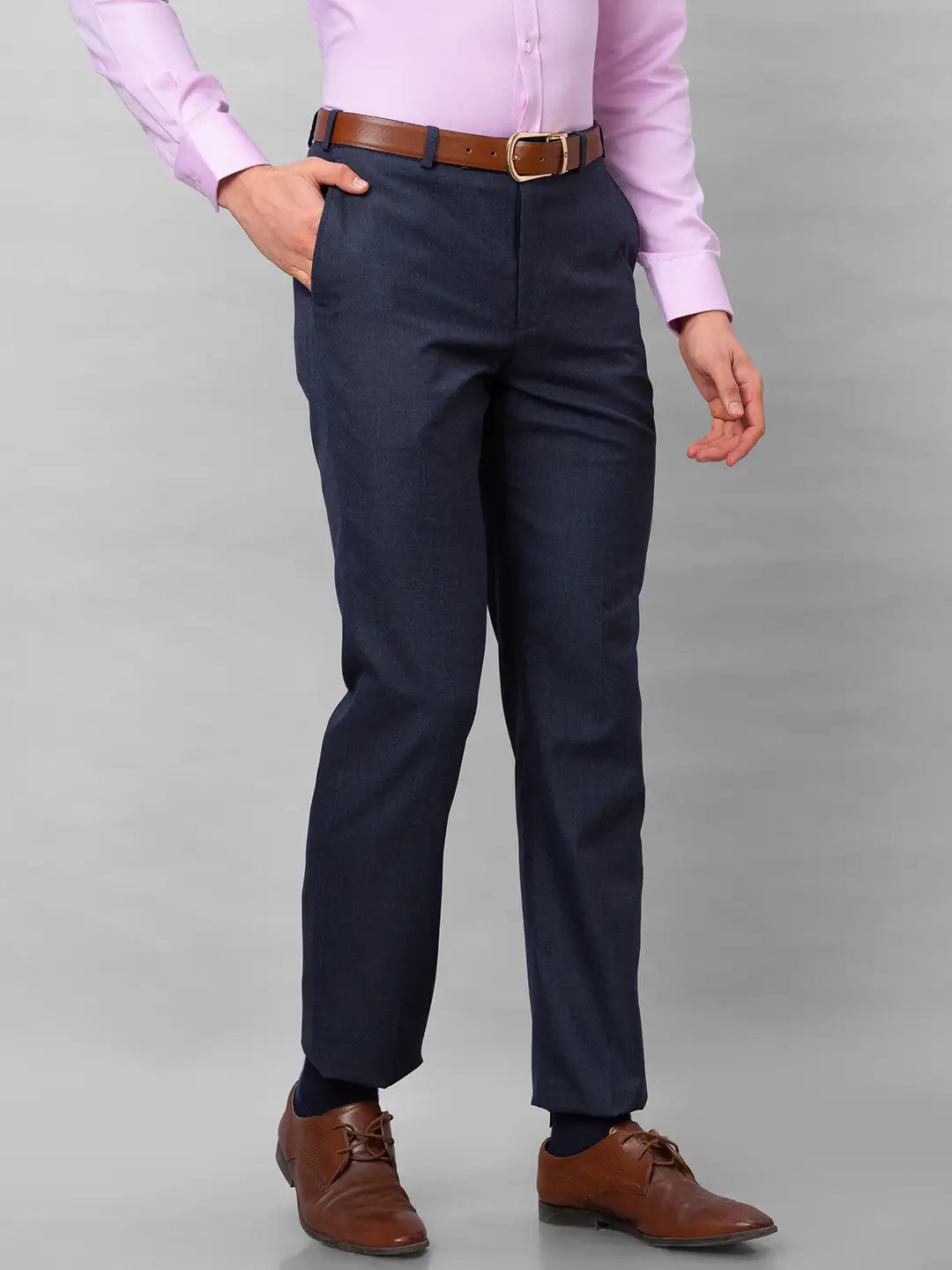 Park Avenue Men Grey Stripe Smart Fit Polyester Blend Trousers