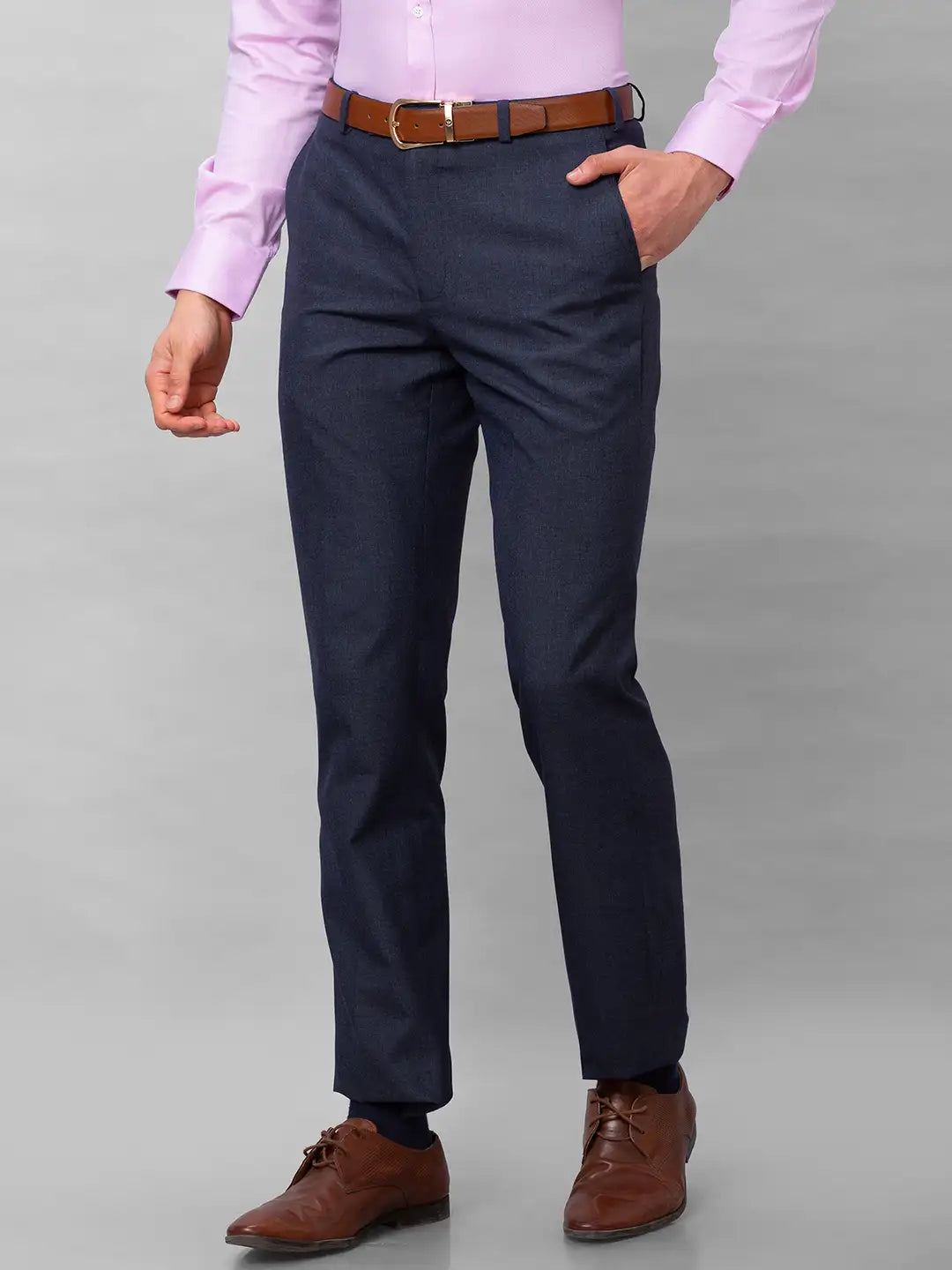 Park Avenue Men Grey Stripe Smart Fit Polyester Blend Trousers