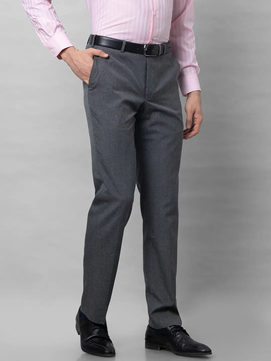 Park Avenue Men Grey Stripe Smart Fit Polyester Blend Trousers