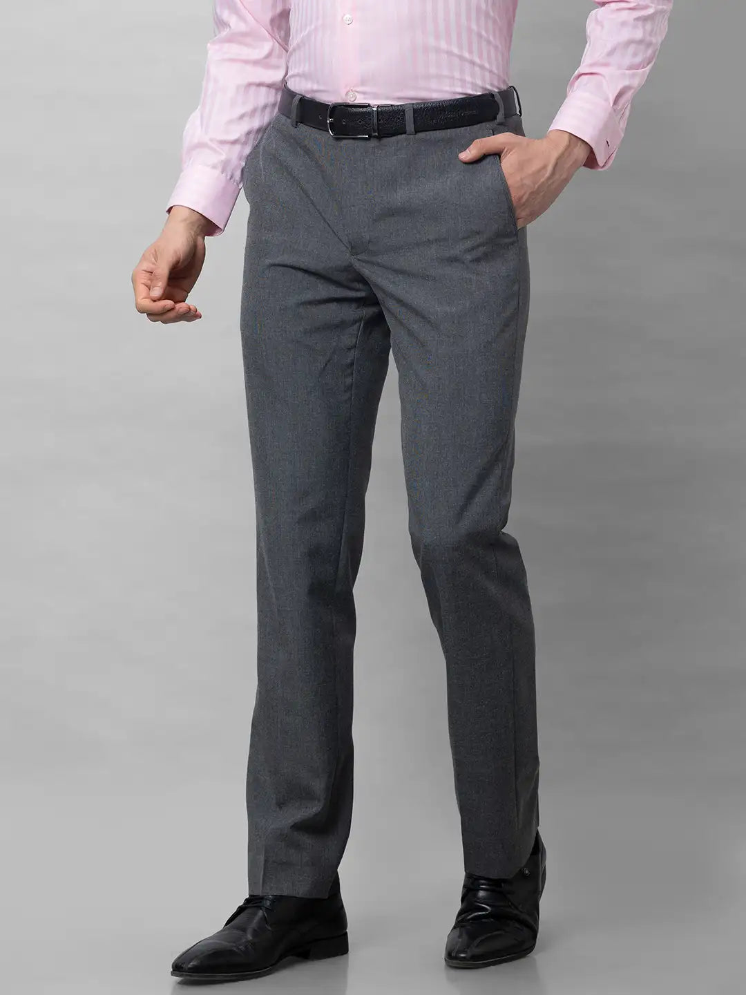 Park Avenue Men Grey Stripe Smart Fit Polyester Blend Trousers