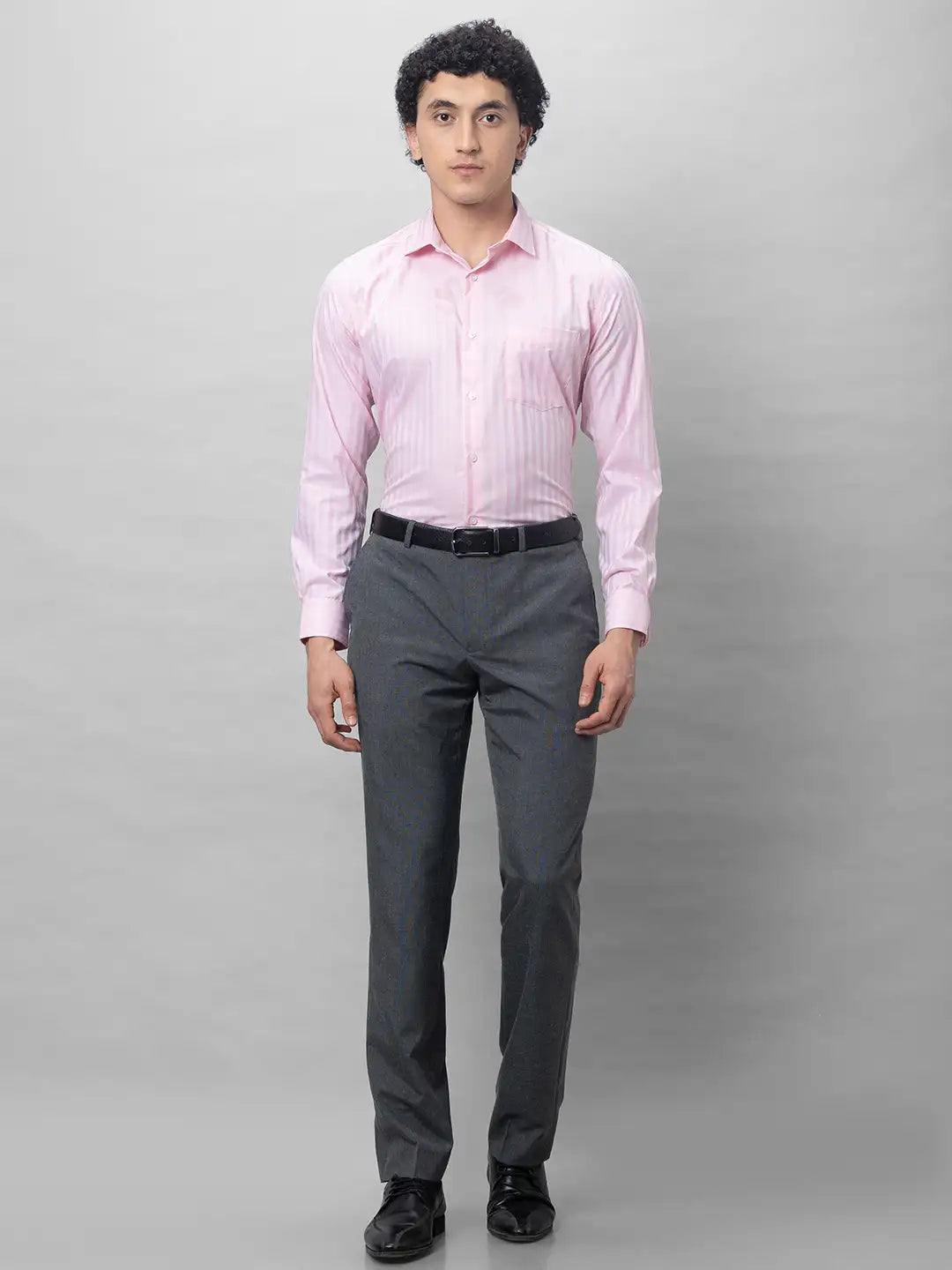 Park Avenue Men Grey Stripe Smart Fit Polyester Blend Trousers