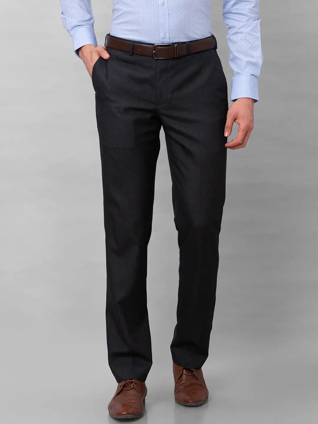 Park Avenue Men Brown Stripe Smart Fit Polyester Blend Trousers