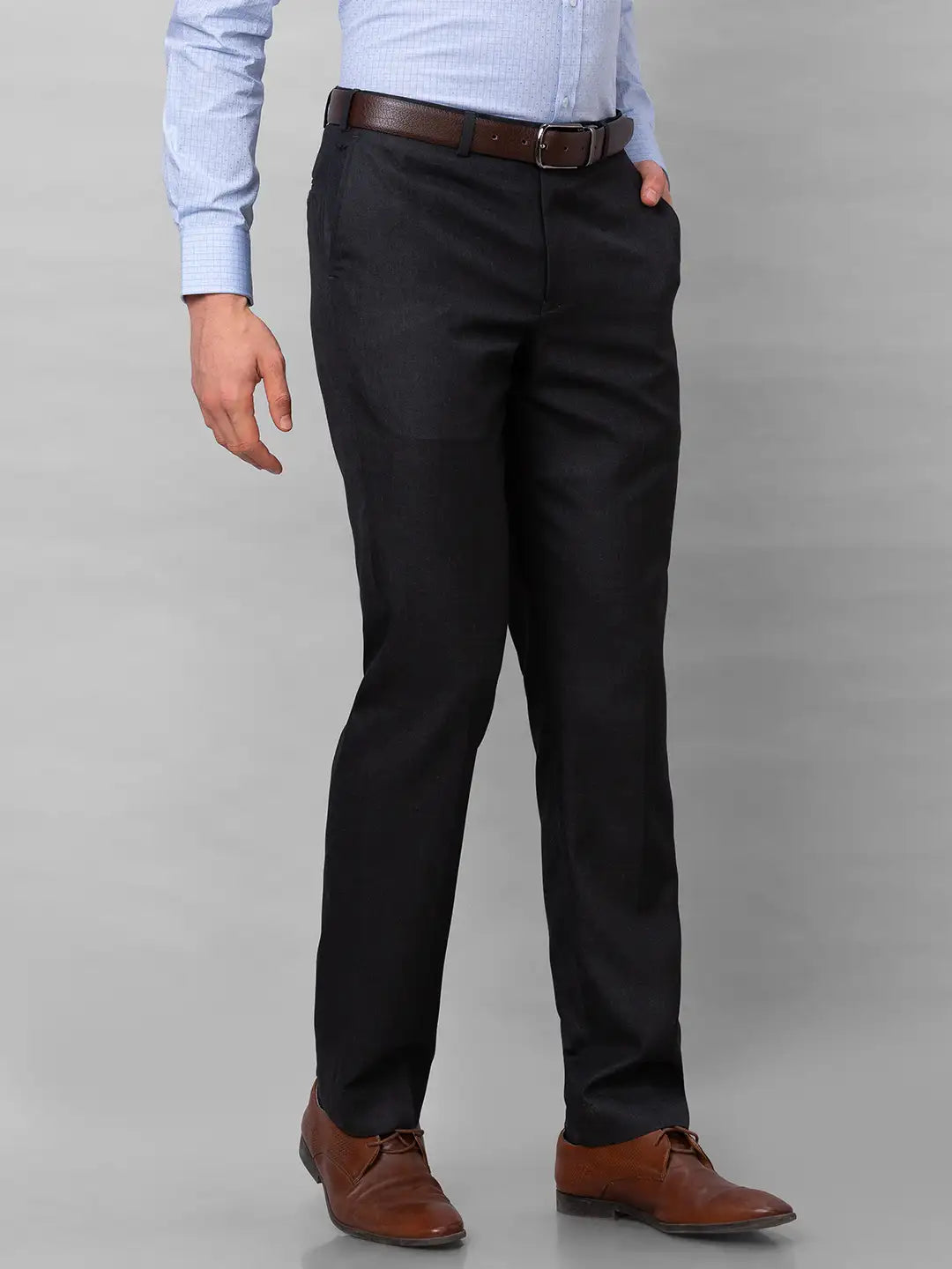 Park Avenue Men Brown Stripe Smart Fit Polyester Blend Trousers