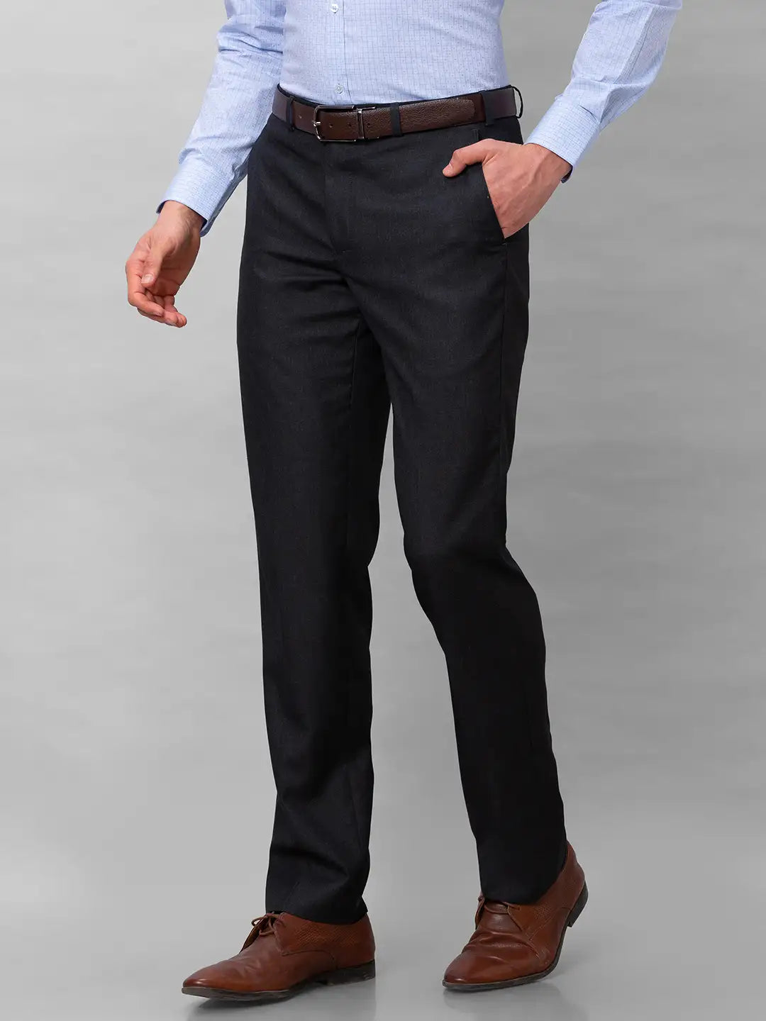 Park Avenue Men Brown Stripe Smart Fit Polyester Blend Trousers
