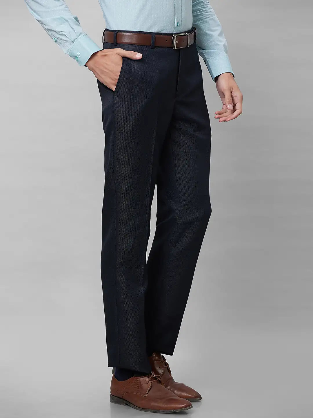 Park Avenue Men Grey Structure Smart Fit Polyester Blend Trousers
