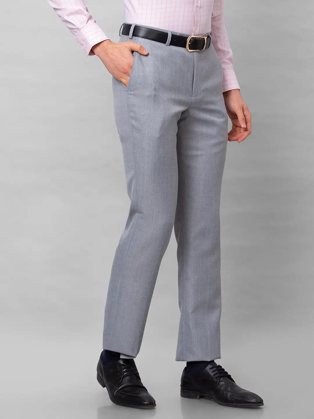 Park Avenue Men Grey Structure Smart Fit Polyester Blend Trousers
