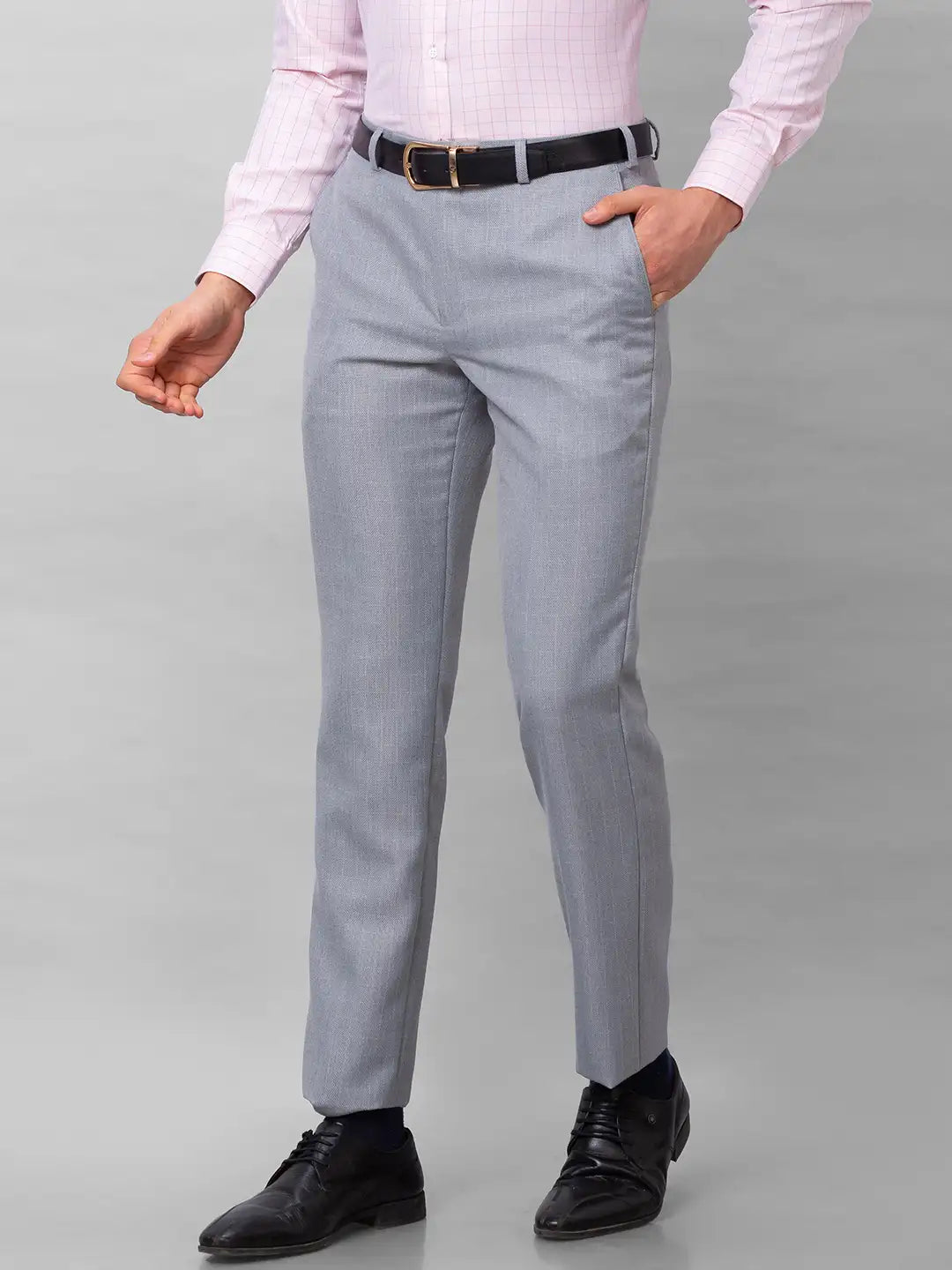 Park Avenue Men Grey Structure Smart Fit Polyester Blend Trousers