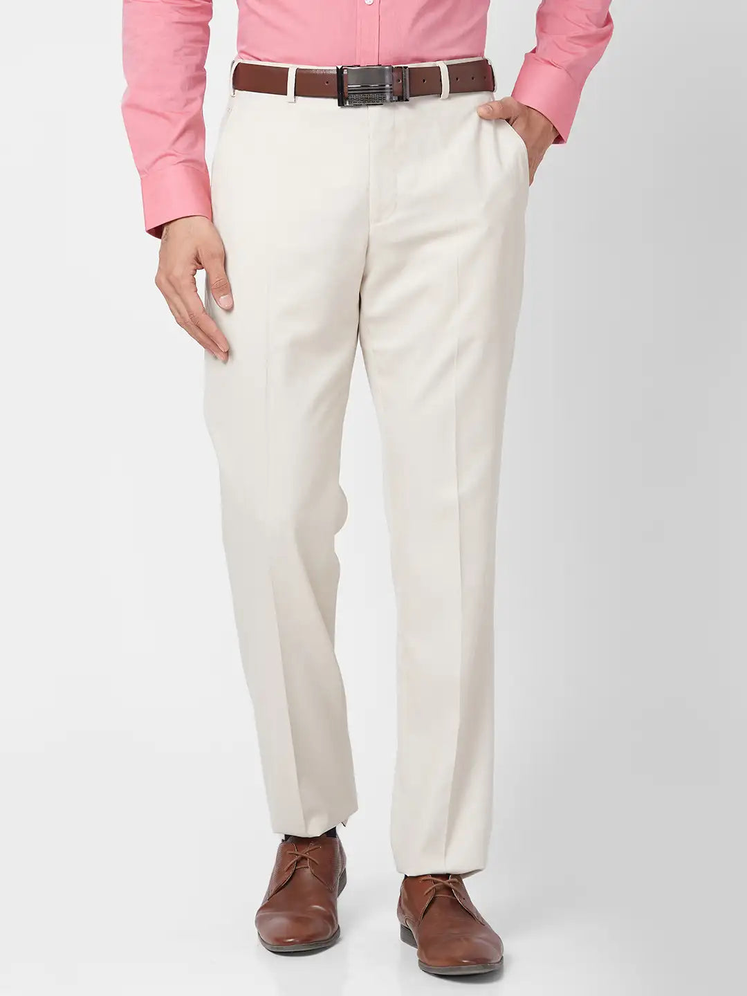 Park Avenue Men Grey Stripe Smart Fit Polyester Blend Trouser