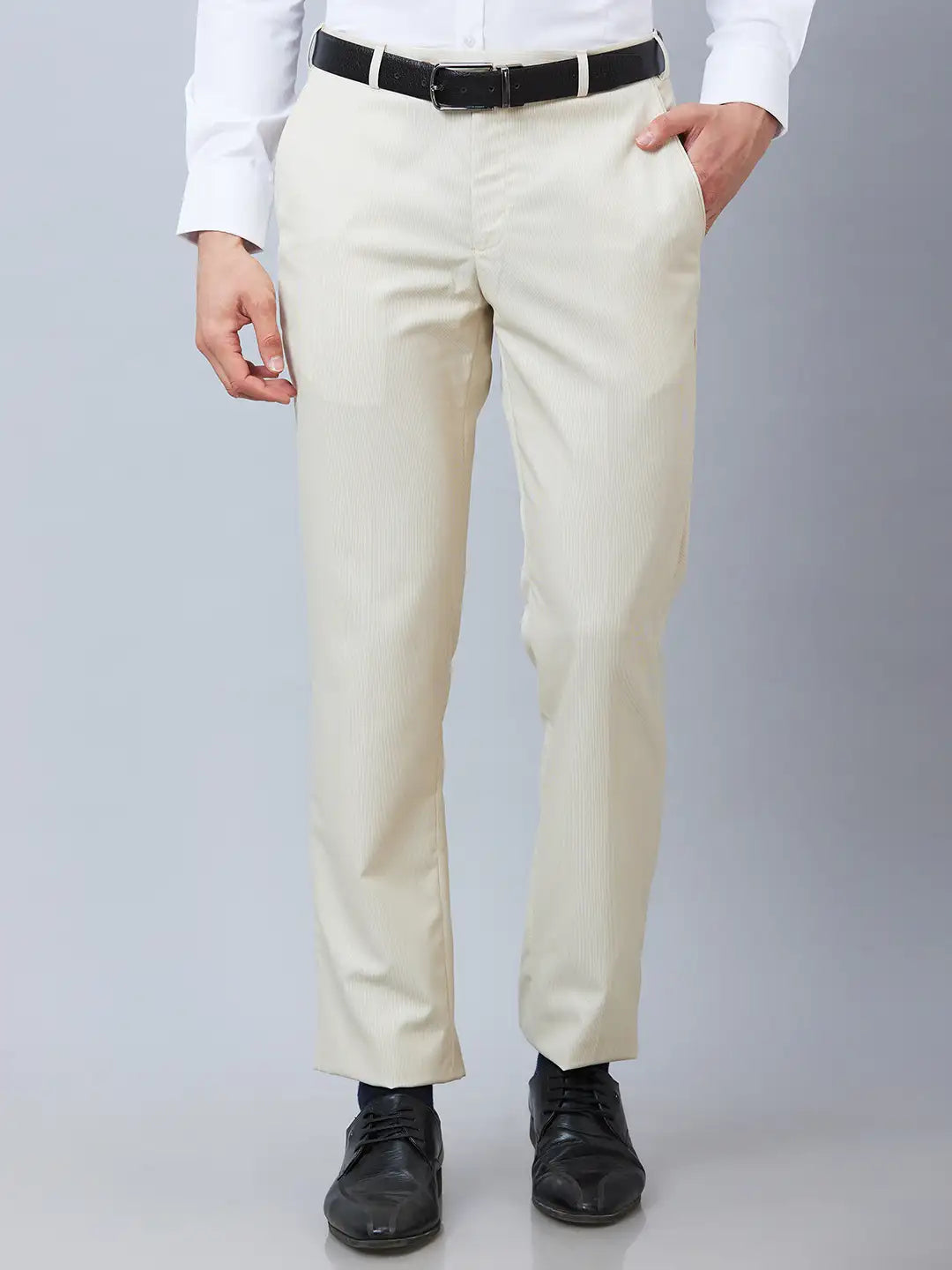 Park Avenue Men Grey Stripe Smart Fit Polyester Blend Trouser