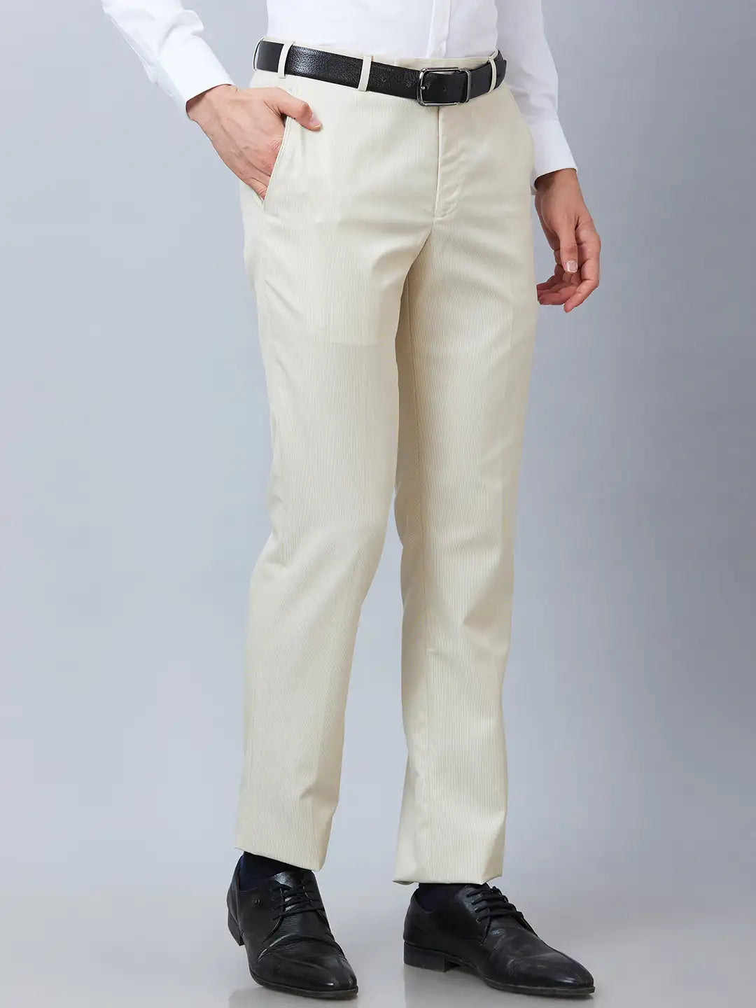Park Avenue Men Grey Stripe Smart Fit Polyester Blend Trouser
