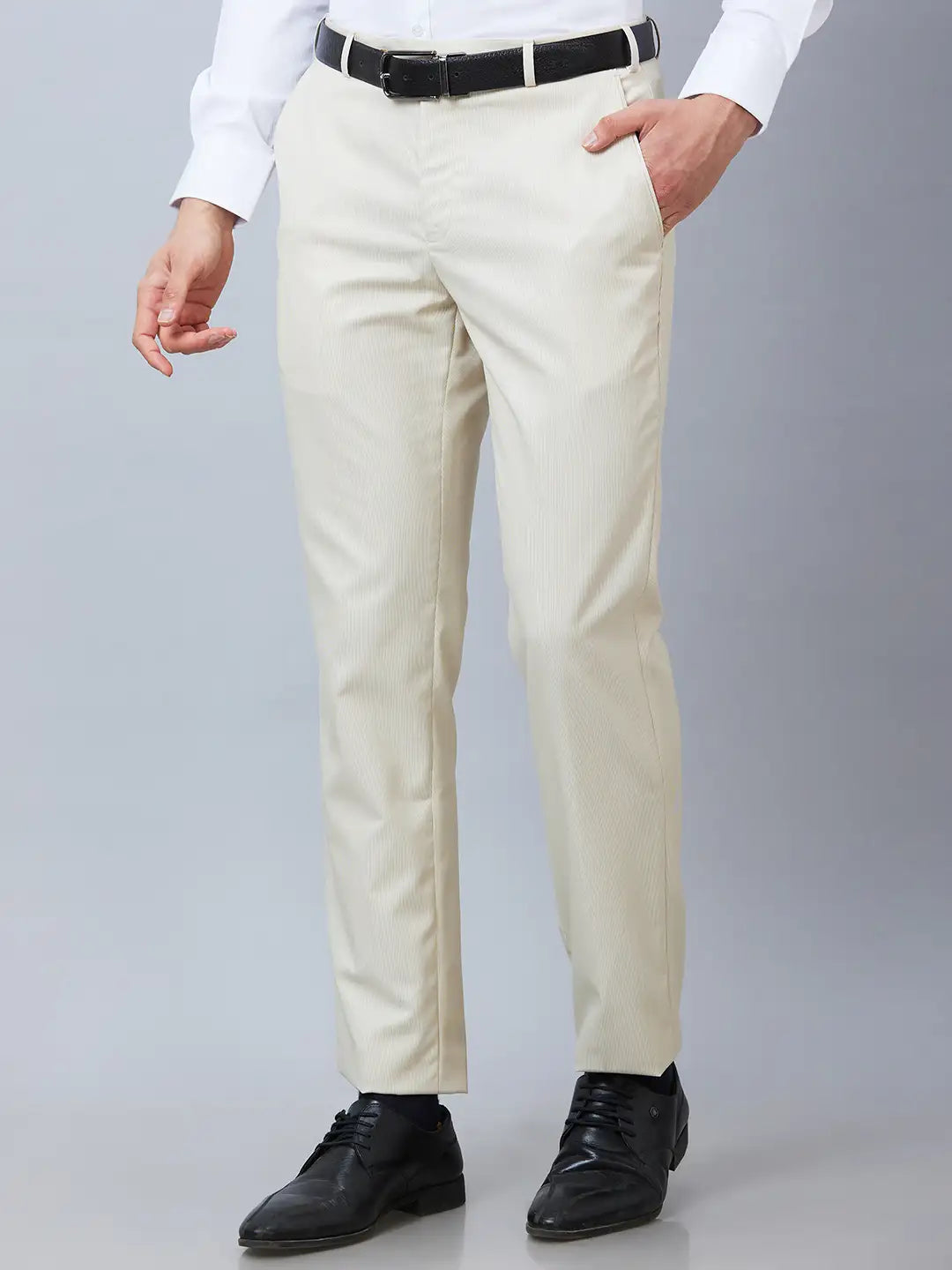 Park Avenue Men Grey Stripe Smart Fit Polyester Blend Trouser