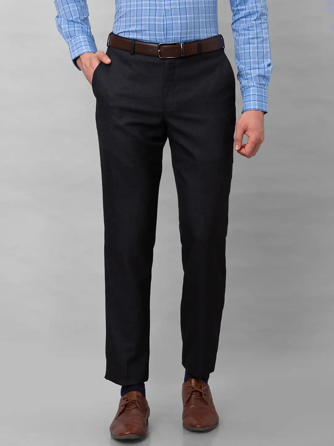 Park Avenue Men Brown Solid Smart Fit Polyester Blend Trousers