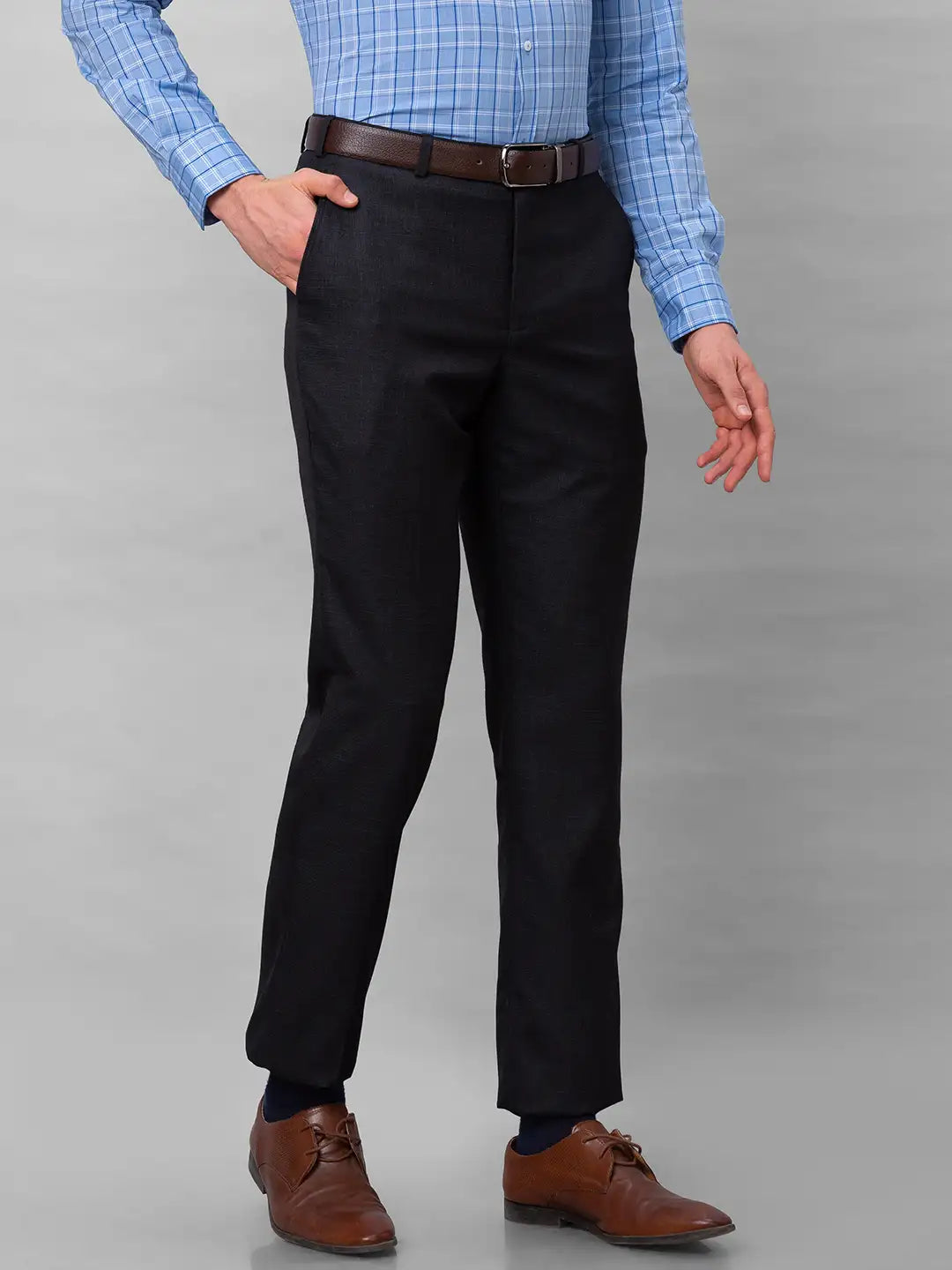 Park Avenue Men Brown Solid Smart Fit Polyester Blend Trousers