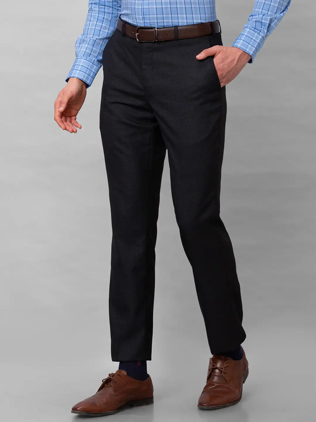 Park Avenue Men Brown Solid Smart Fit Polyester Blend Trousers