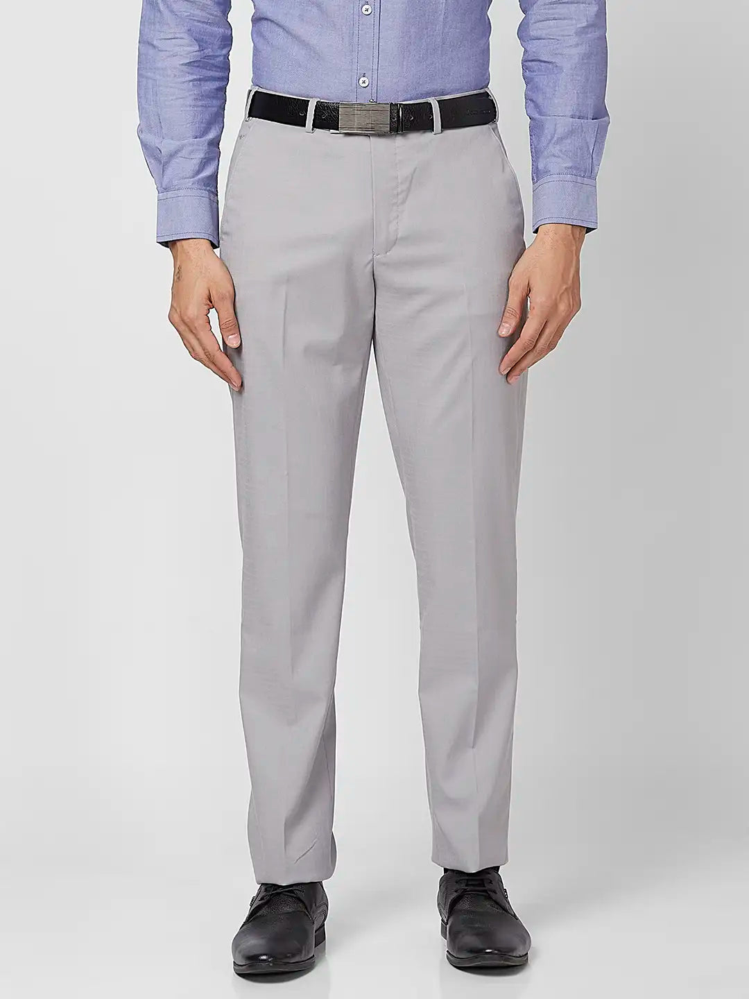Park Avenue Men Grey Solid Regular Fit Polyester Blend Trouser