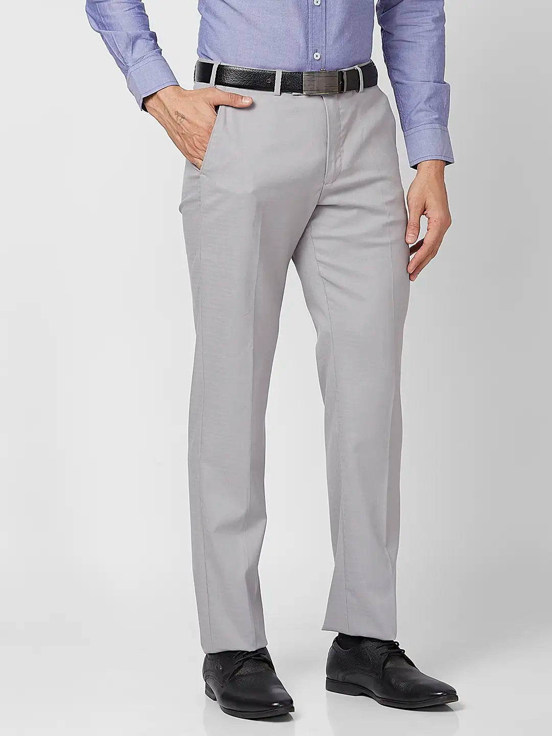 Park Avenue Men Grey Solid Regular Fit Polyester Blend Trouser