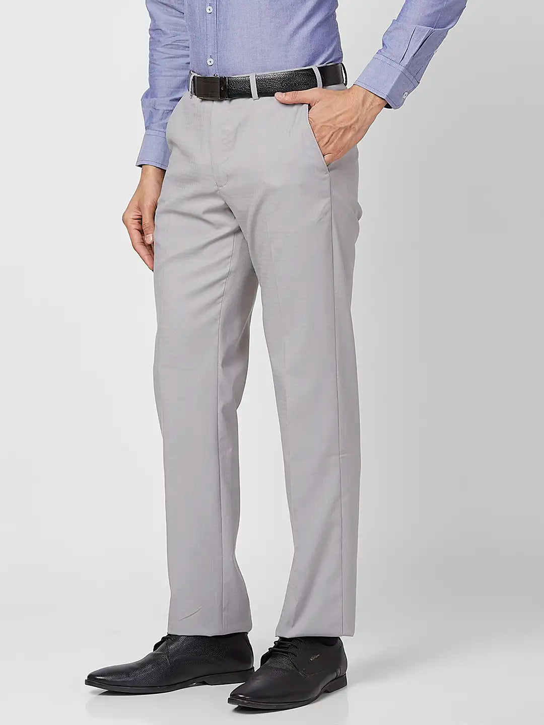 Park Avenue Men Grey Solid Regular Fit Polyester Blend Trouser