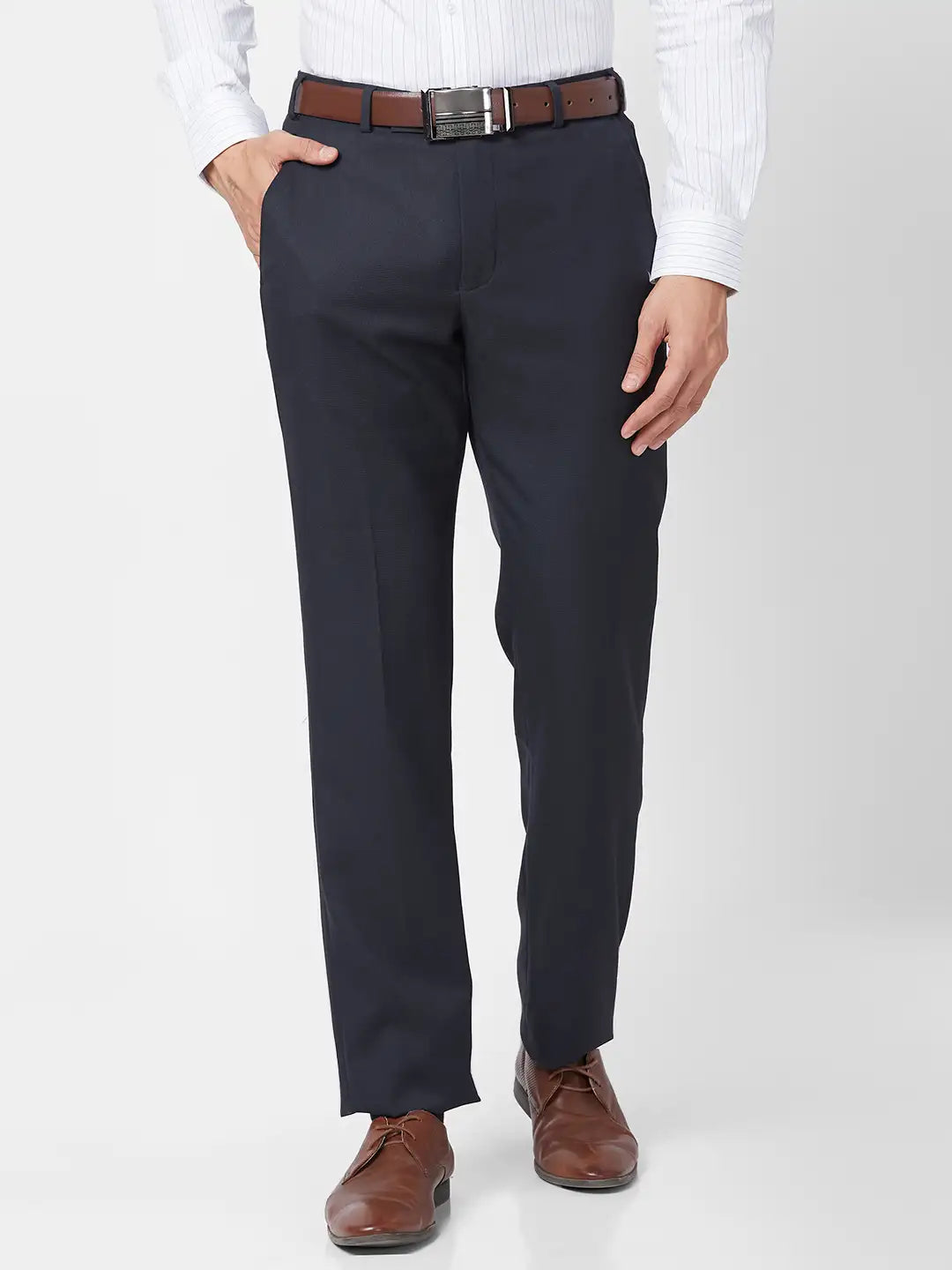 Park Avenue Men Grey Structure Regular Fit Polyester Blend Trouser