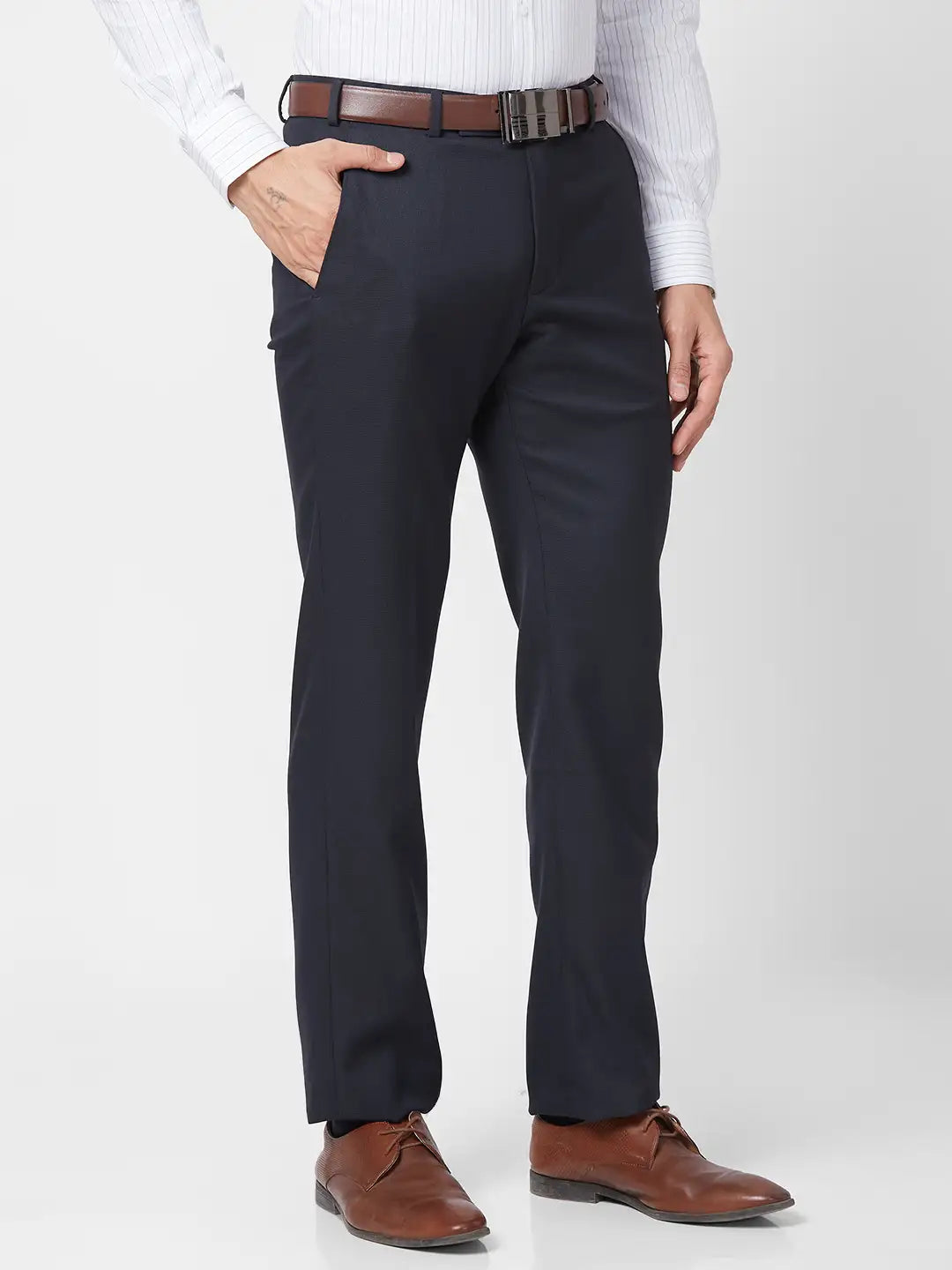 Park Avenue Men Grey Structure Regular Fit Polyester Blend Trouser