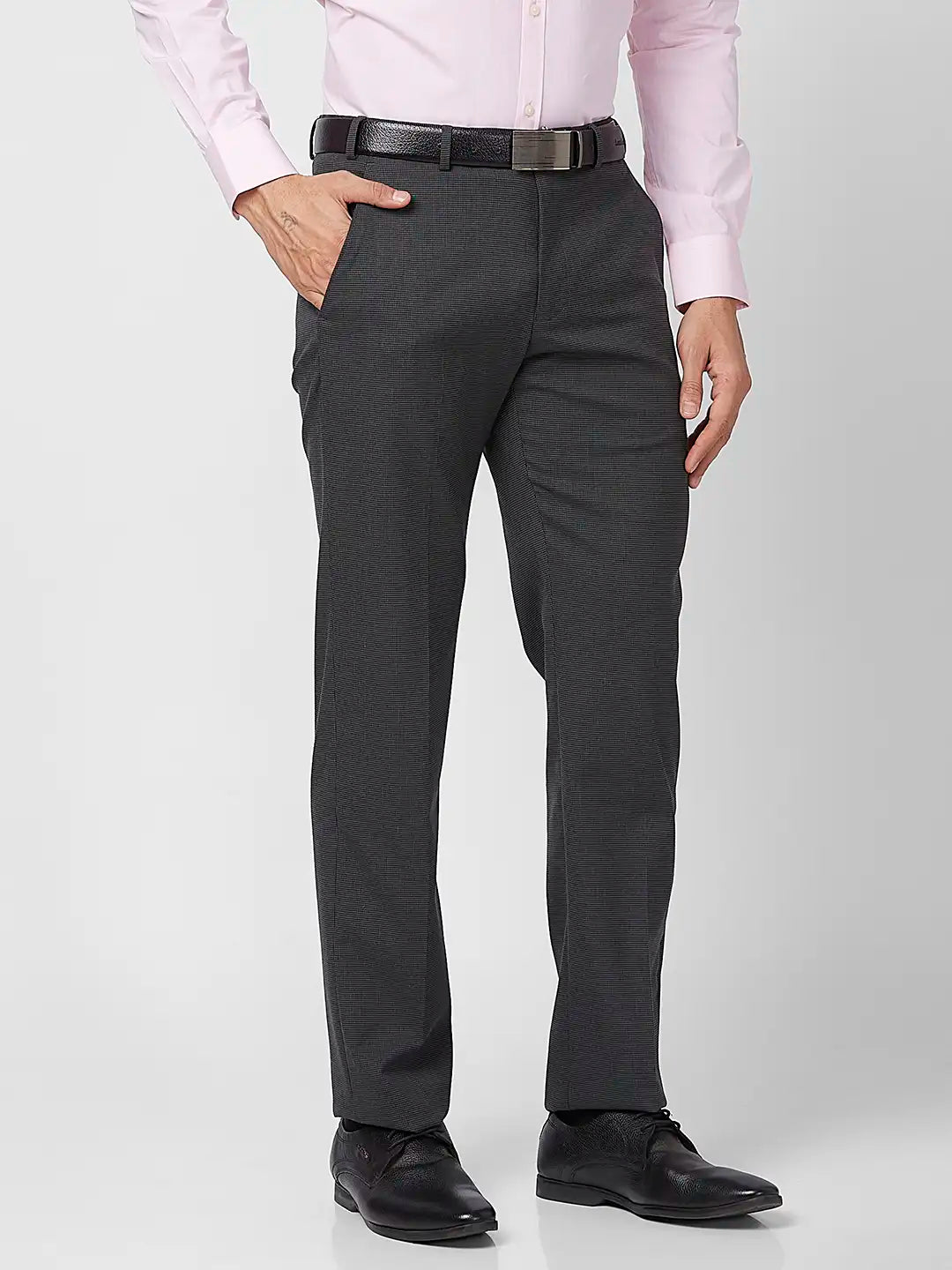 Park Avenue Men Grey Solid Super Slim Fit Polyester Blend Trouser