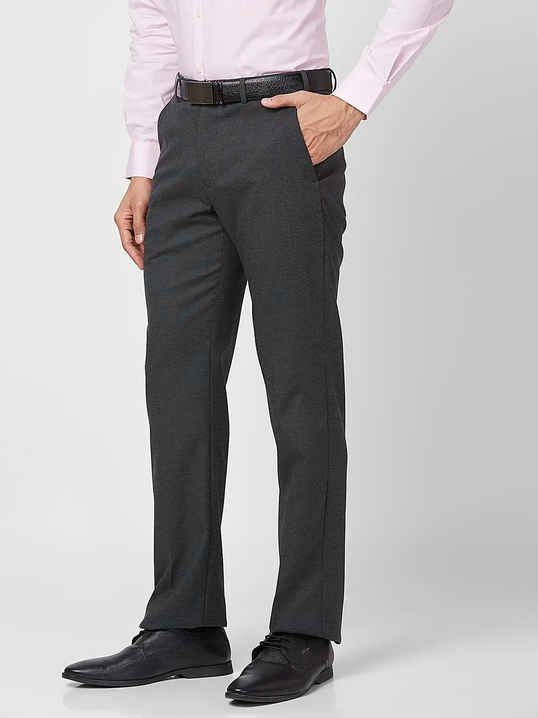 Park Avenue Men Grey Solid Super Slim Fit Polyester Blend Trouser