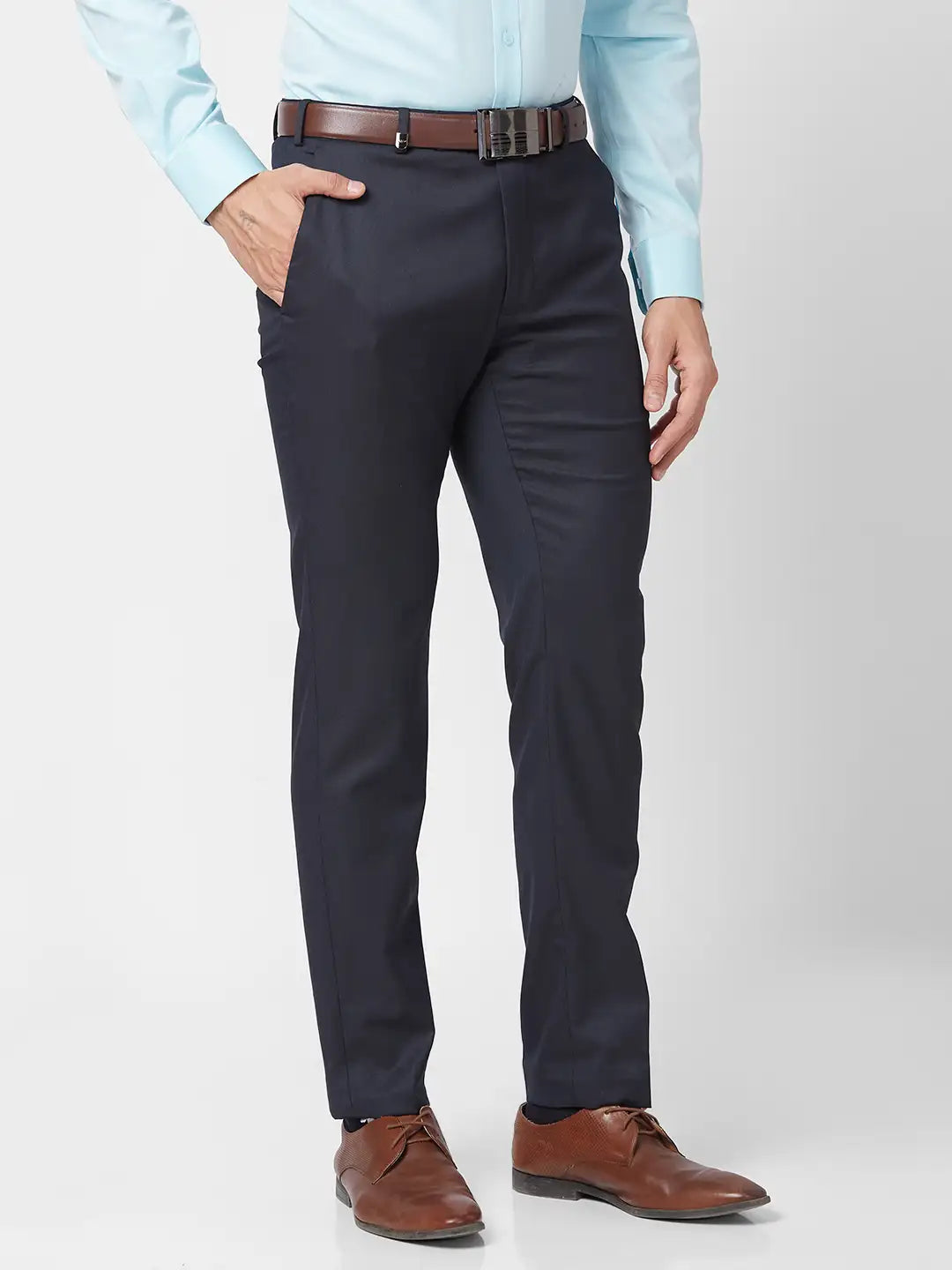 Park Avenue Men Fawn Stripe Neo Fit Polyester Blend Trouser