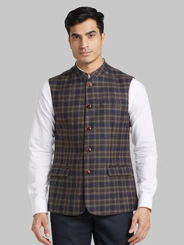Men Brown Slim Fit Checks Polyester Blend Waist Coat – MyRaymond