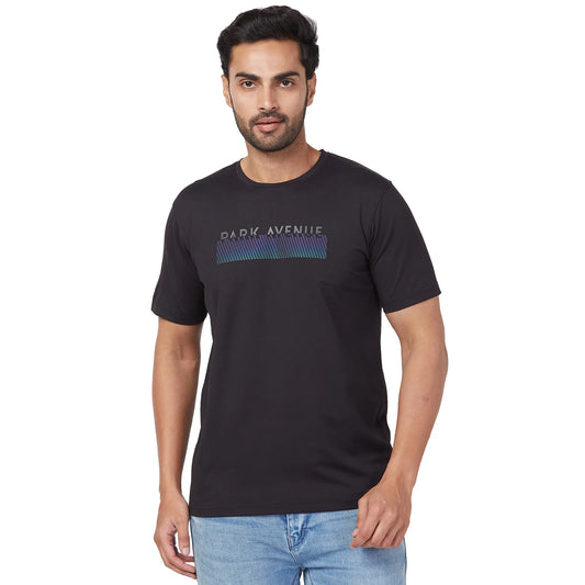 Park Avenue Men Blue Print Slim Fit Cotton Blend Fold Neck T-Shirt
