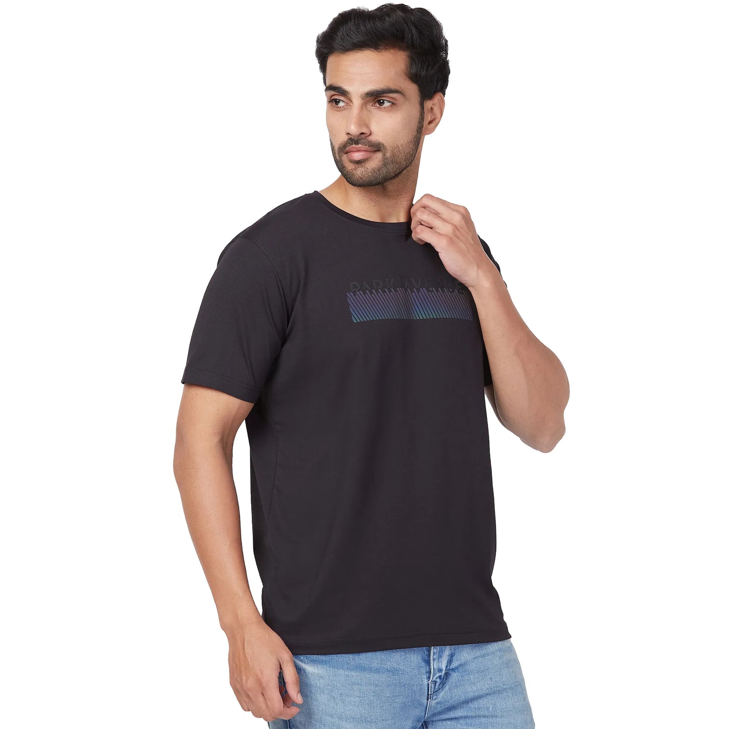 Park Avenue Men Blue Print Slim Fit Cotton Blend Fold Neck T-Shirt