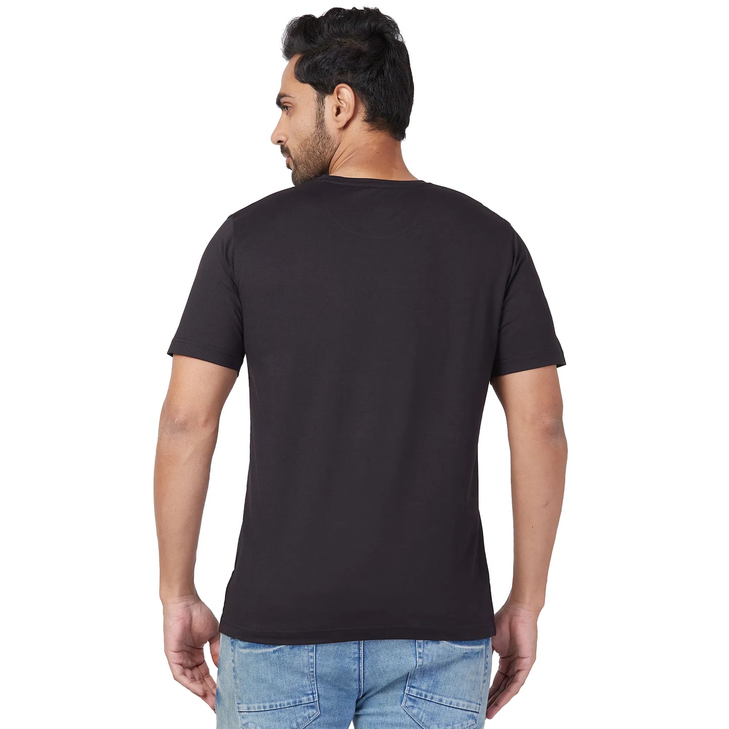 Park Avenue Men Blue Print Slim Fit Cotton Blend Fold Neck T-Shirt