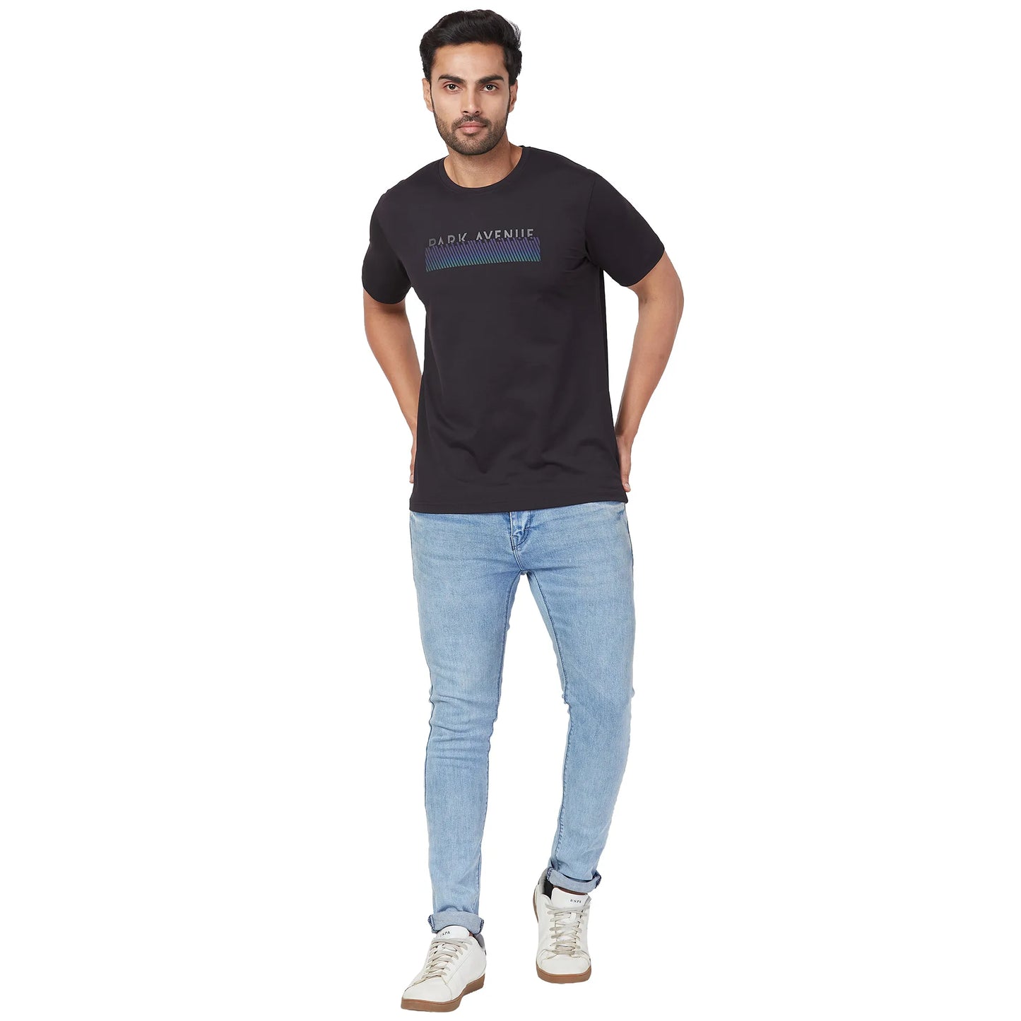 Park Avenue Men Blue Print Slim Fit Cotton Blend Fold Neck T-Shirt