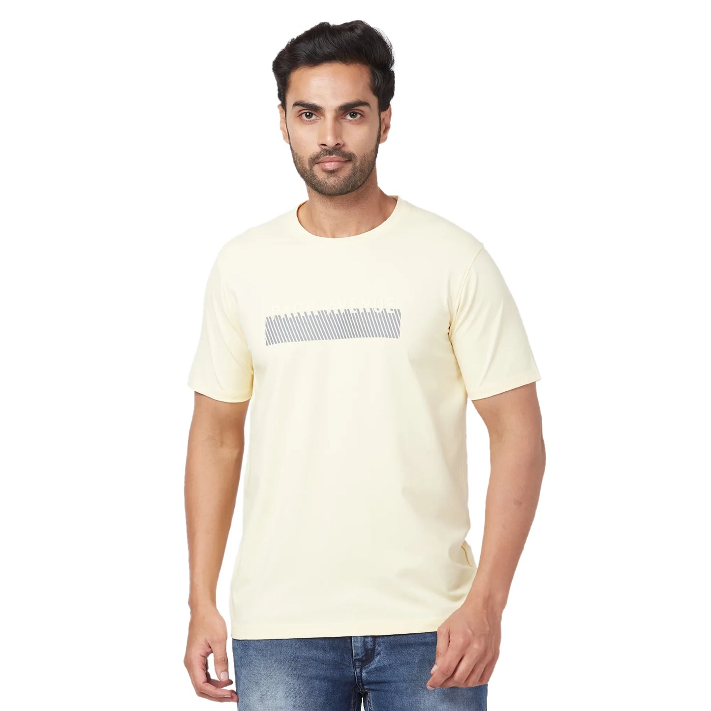 Park Avenue Men Blue Print Slim Fit Cotton Blend Fold Neck T-Shirt