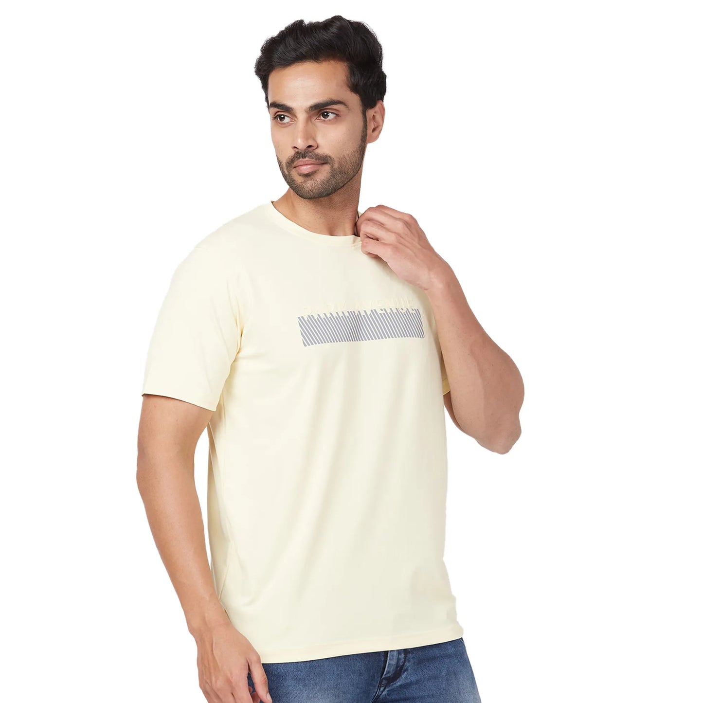 Park Avenue Men Blue Print Slim Fit Cotton Blend Fold Neck T-Shirt