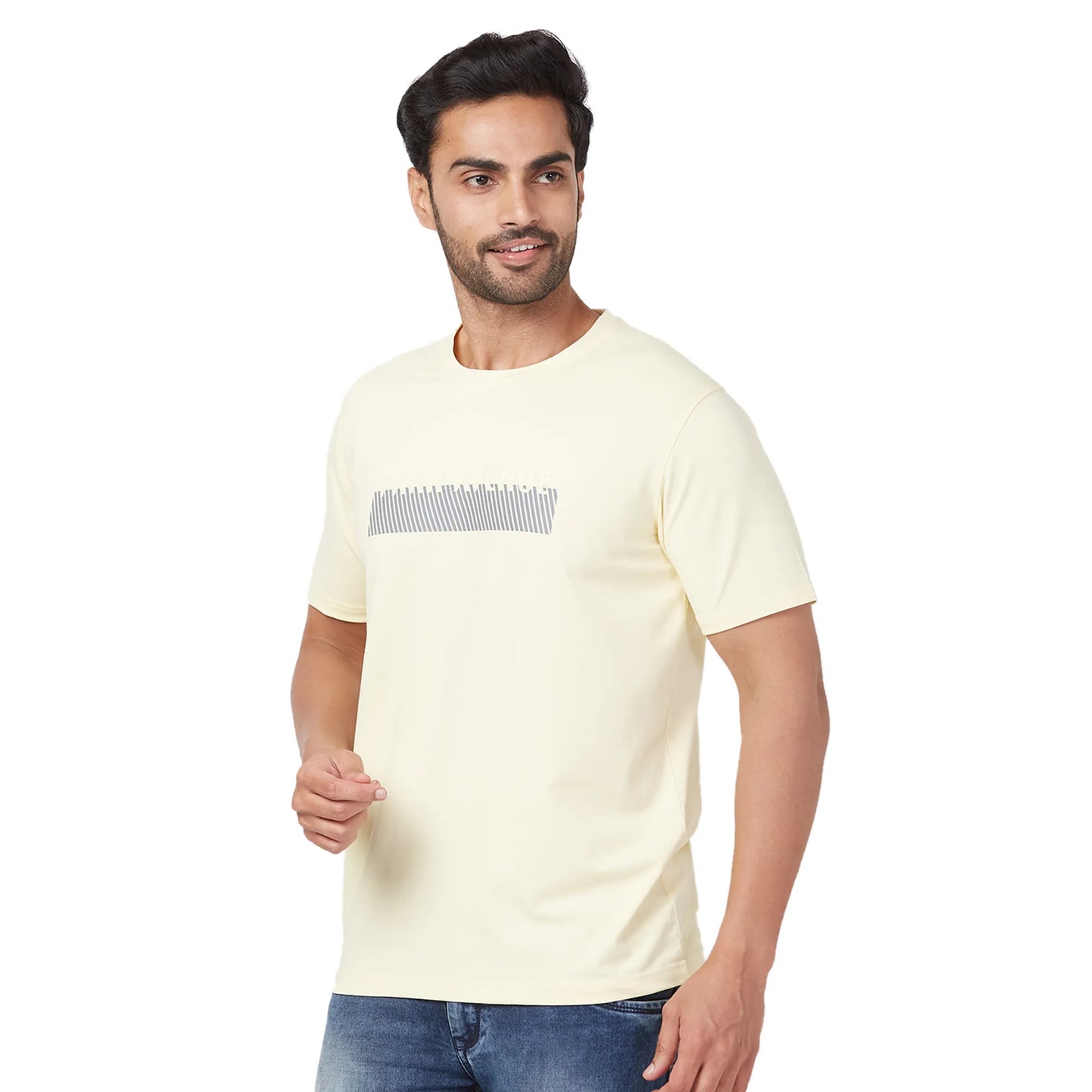 Park Avenue Men Blue Print Slim Fit Cotton Blend Fold Neck T-Shirt