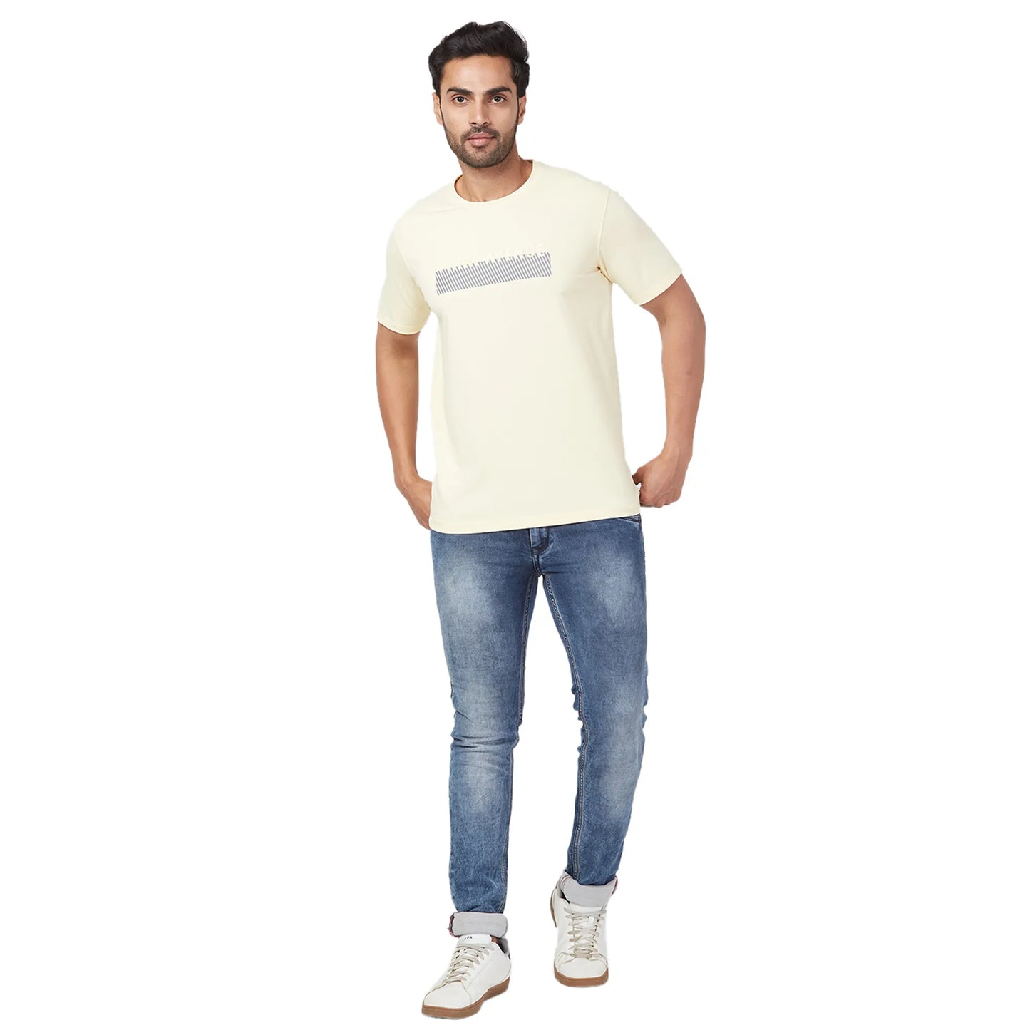 Park Avenue Men Blue Print Slim Fit Cotton Blend Fold Neck T-Shirt