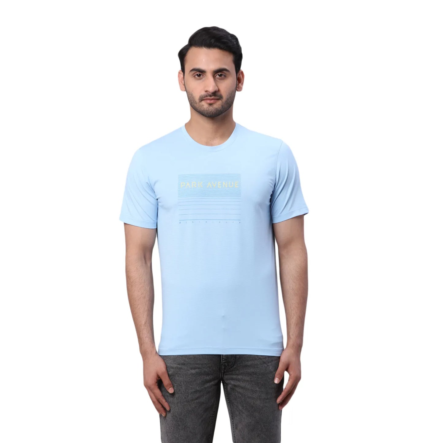 Park Avenue Men Blue Solid Slim Fit Cotton Blend Round Neck T-Shirt