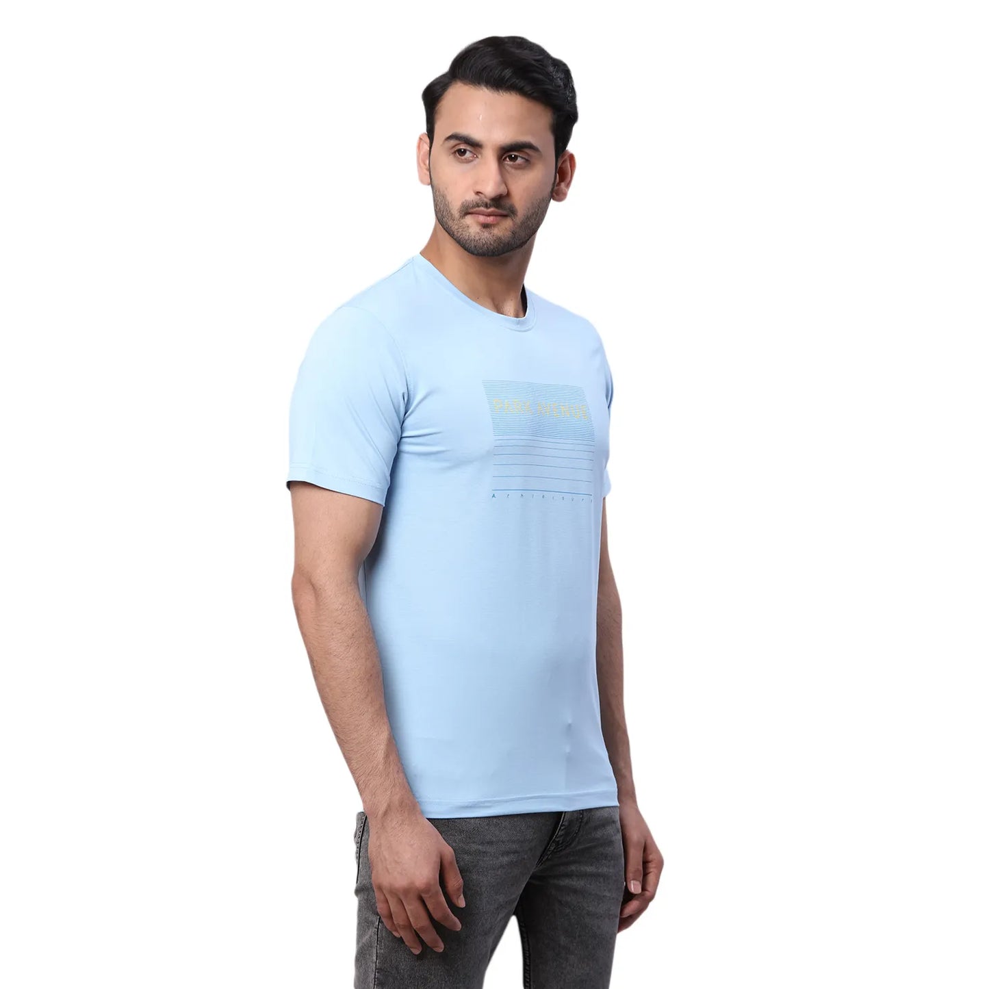 Park Avenue Men Blue Solid Slim Fit Cotton Blend Round Neck T-Shirt