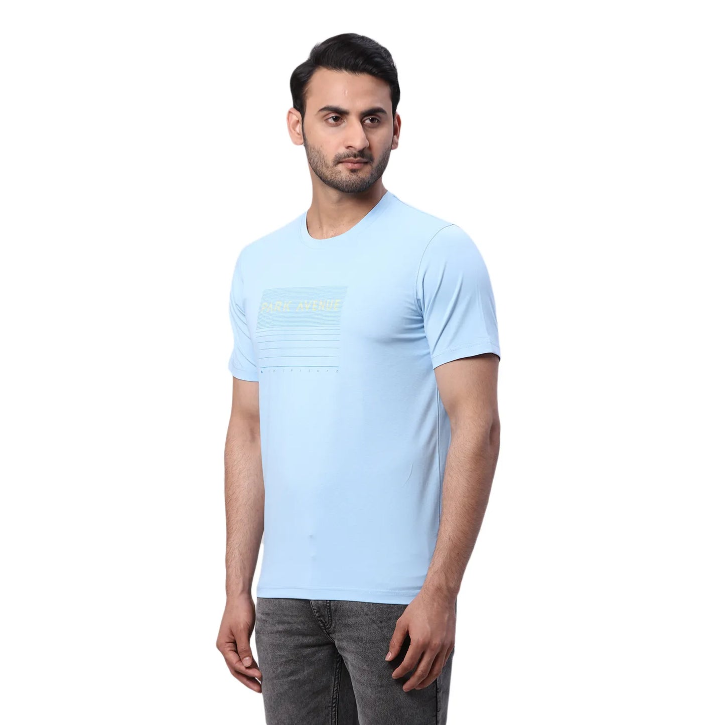 Park Avenue Men Blue Solid Slim Fit Cotton Blend Round Neck T-Shirt