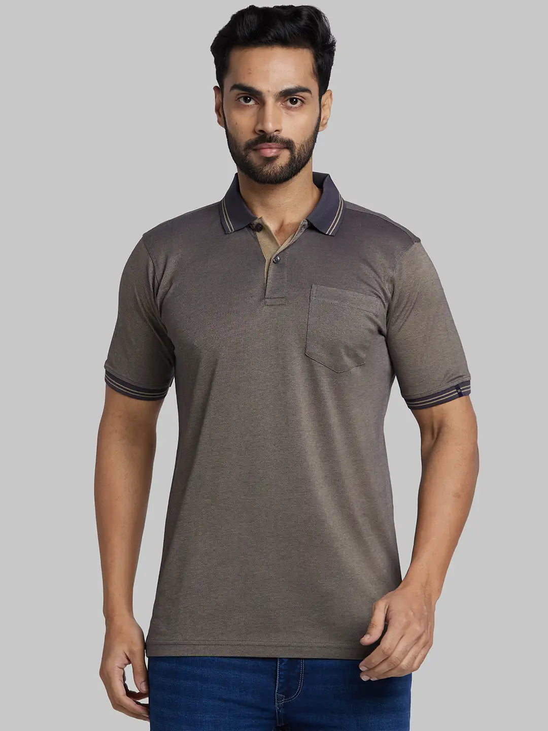 Raymond Men Blue Jacquard Contemporary Fit Cotton T-Shirt