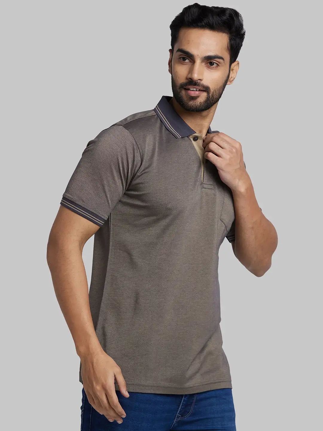 Raymond Men Blue Jacquard Contemporary Fit Cotton T-Shirt