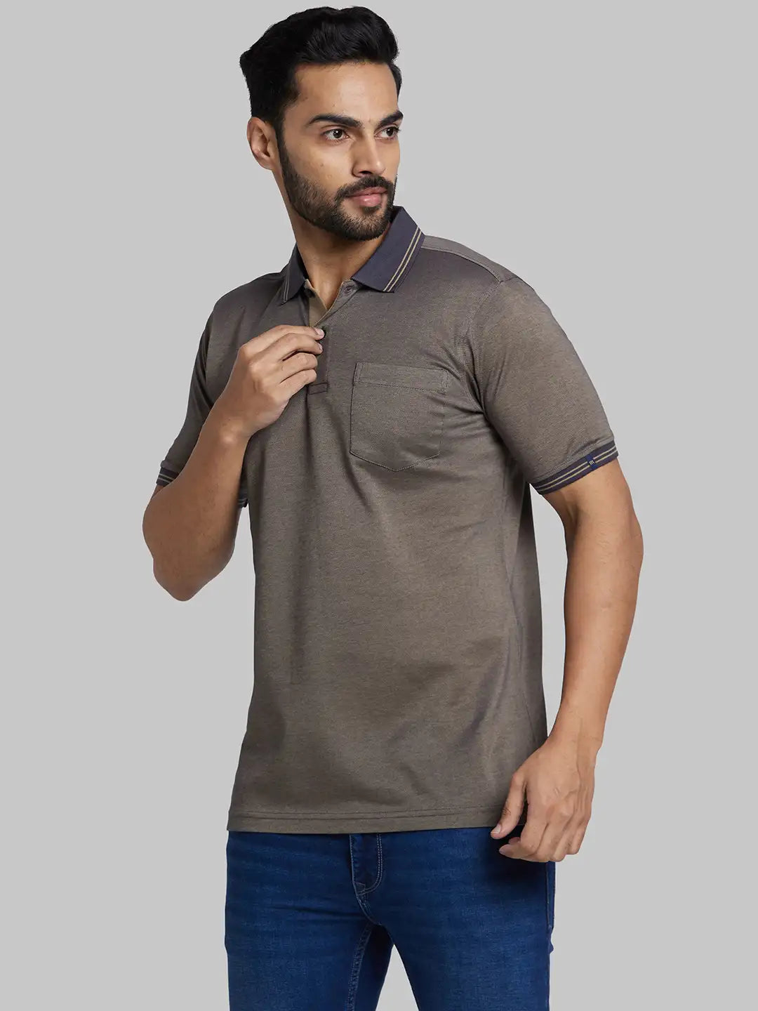 Raymond Men Blue Jacquard Contemporary Fit Cotton T-Shirt
